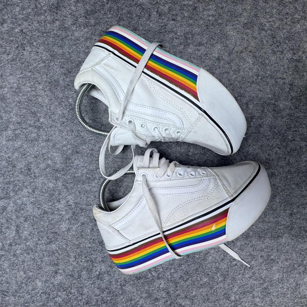 Vans Platform Shoes Womens Size 7.5 White Rainbow Stripe Canvas Skate Low Top